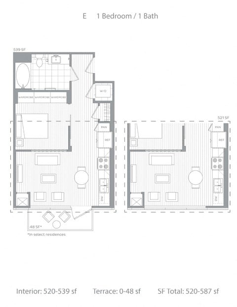 Floor plan for studio, 1 bath, 579 sqft